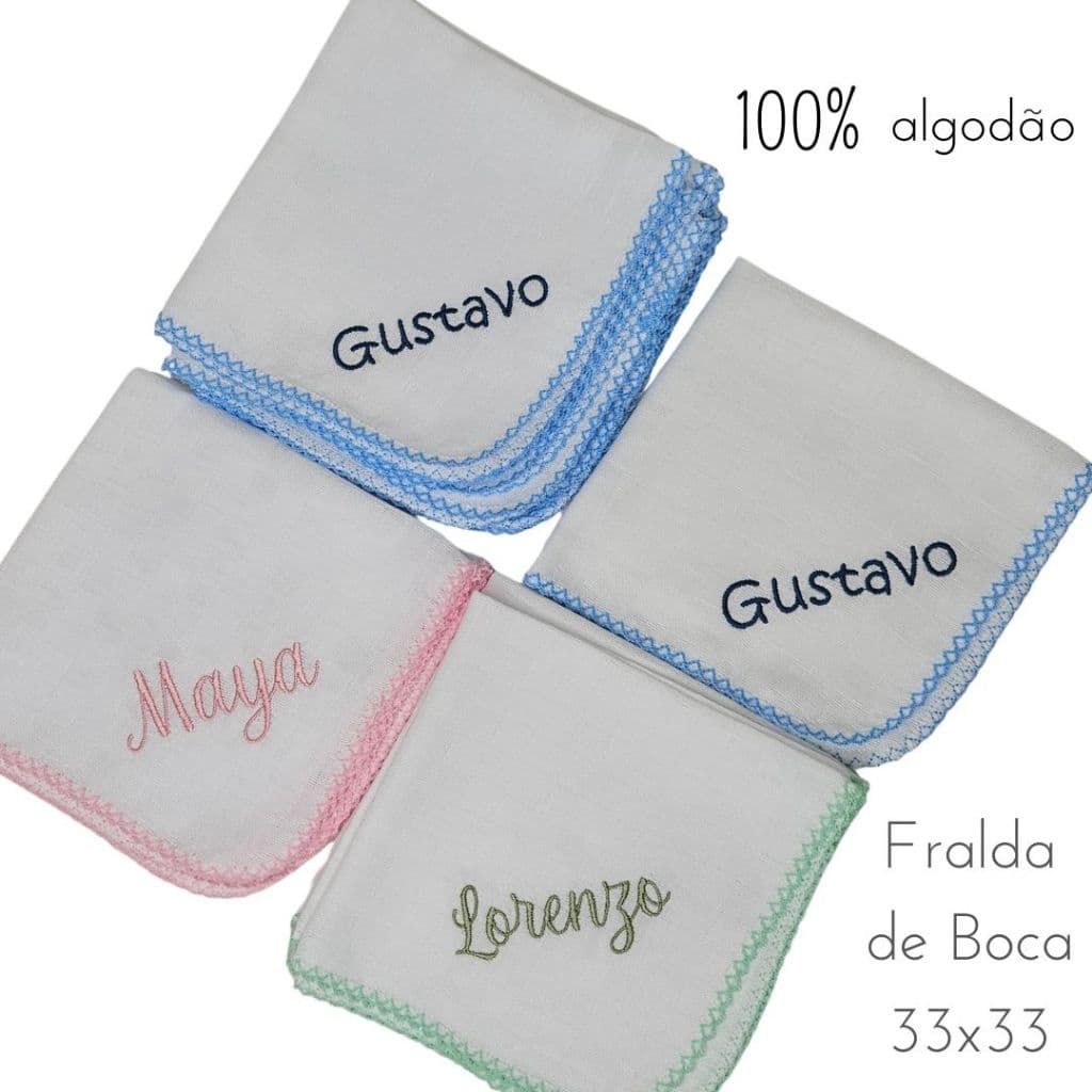 Kit com 3 Babete Bebê 33x33 Personalizada Nome Bordado 100% Algodão