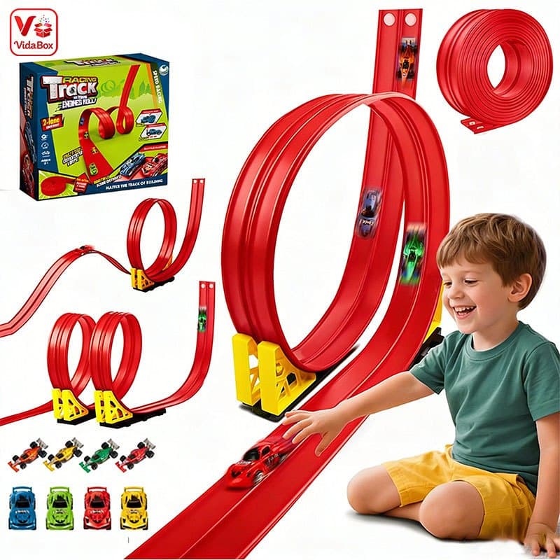 Pista de Corrida Flexível 20FT com Ventosas 2 Veículos e 2 Carros de Retrocesso Brinquedo Infantil