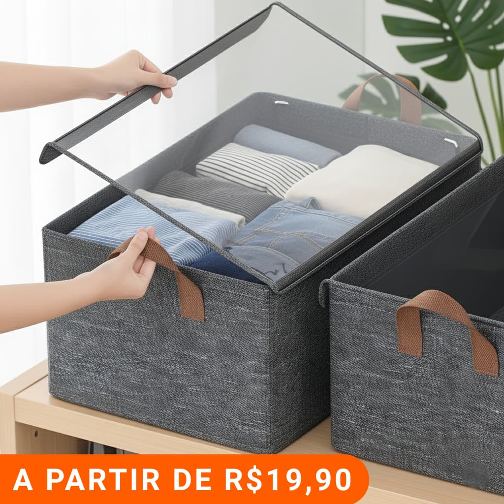 Caixa Organizadora Grande Com Tampa Transparente Dobrável Resistente Multiuso Para Roupas