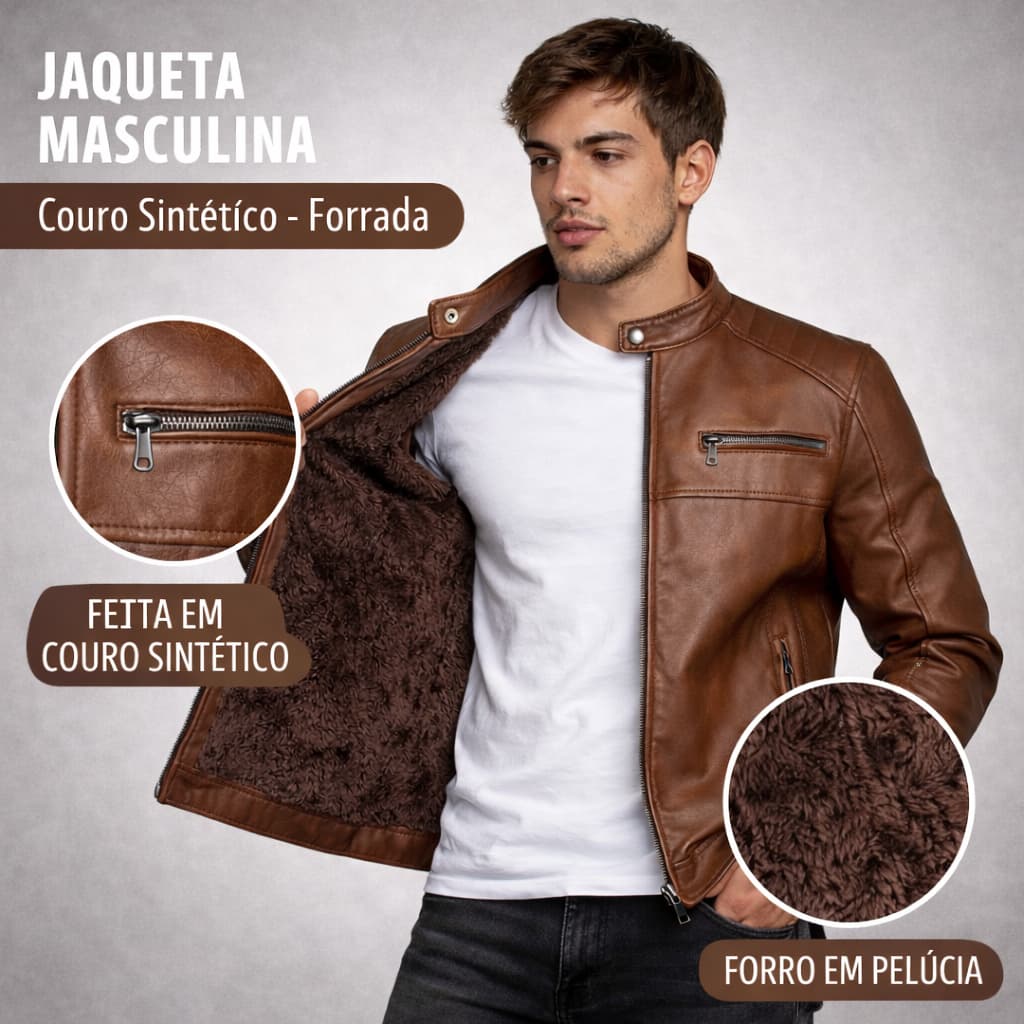 Jaqueta Masculina Couro Ecológico Forrada Inverno Motoqueiro com Capuz Removível