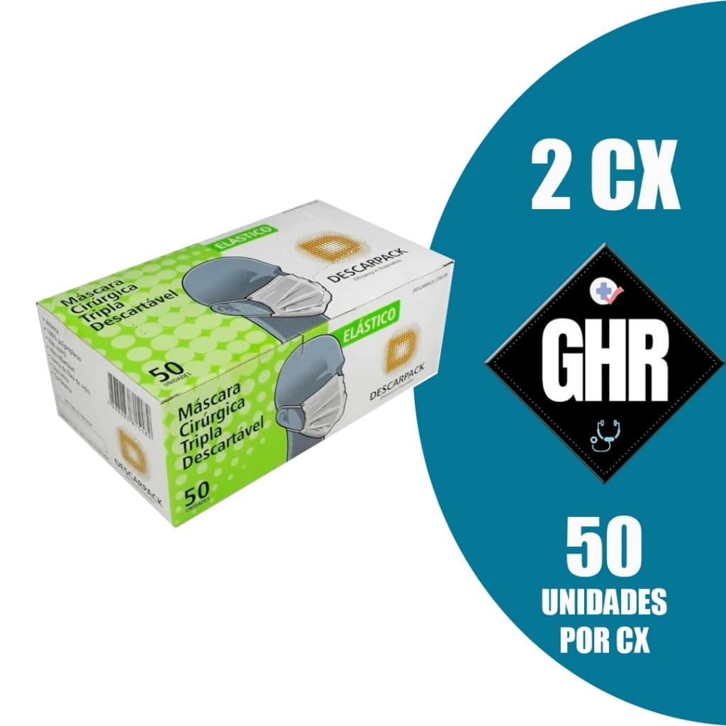 KIT 2CX Máscara Descartável Tripla, Branca, Clip Nasal, C/elástico - Descarpack