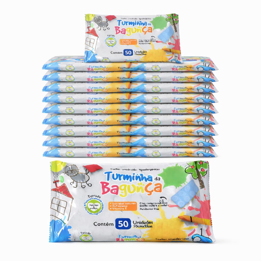 Kit 15 Toalhas Umedecidas Turminha da Bagunça 50 Folhas