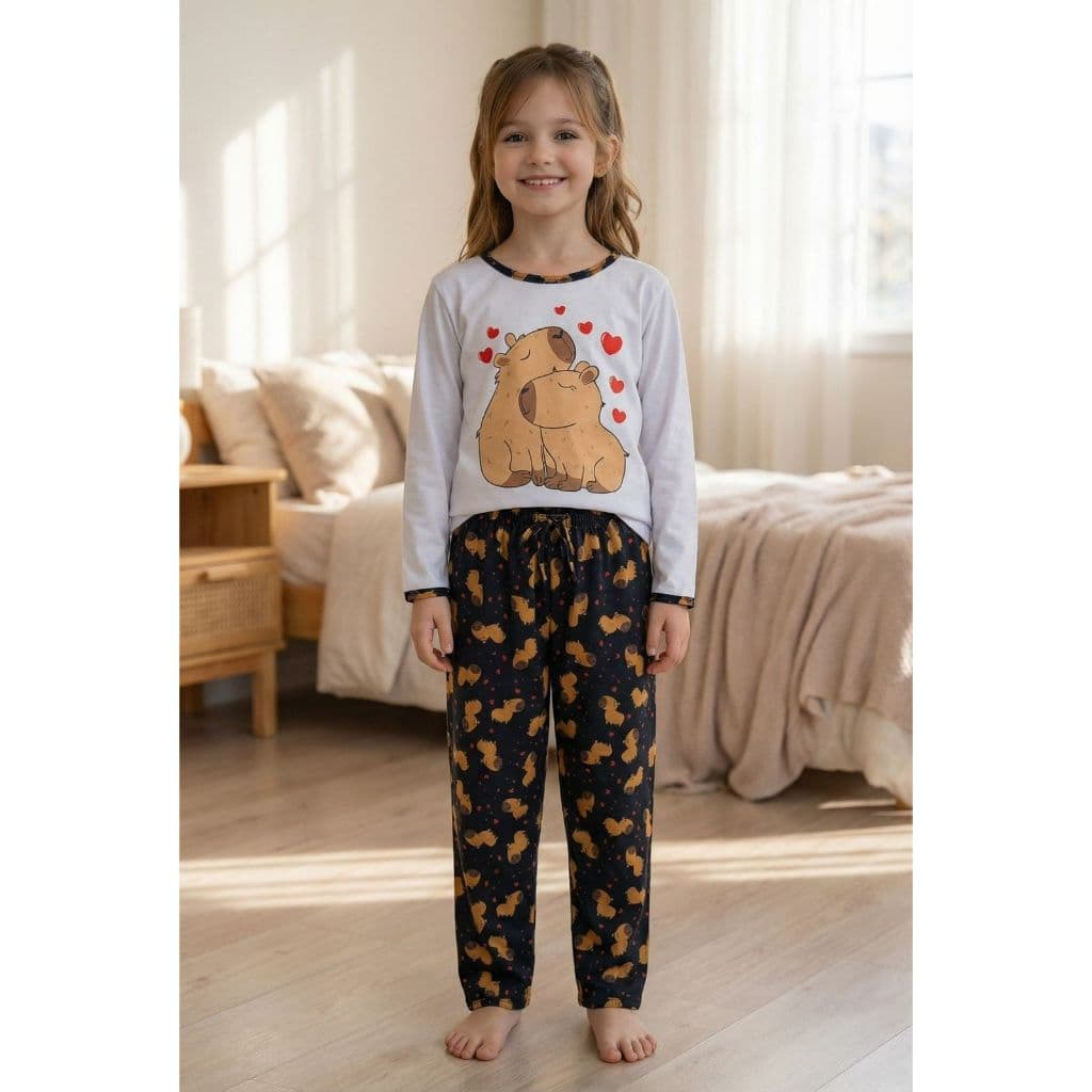 Pijama longo infantil de frio estampa da capivara malha calça estampada