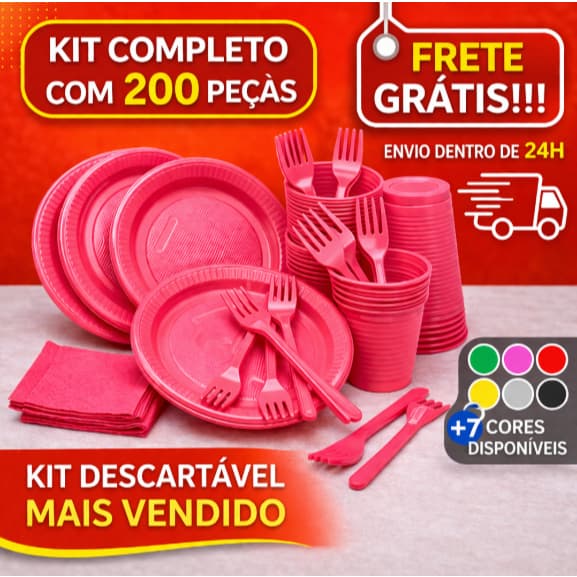 Kit Festa Completo 200 Peças Coloridas – Descartáveis para Aniversário e Eventos