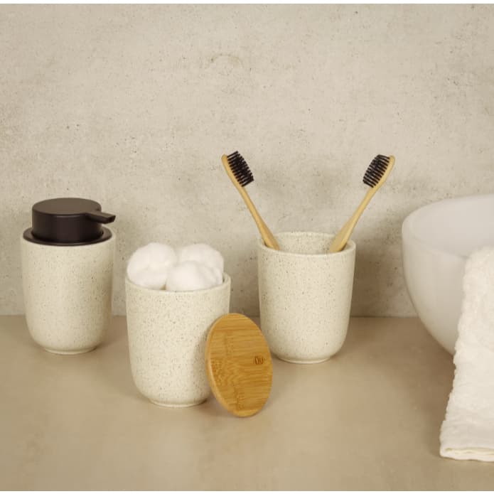 Conjunto Lavabo 3 Peças Banheiro Cerâmica Yoi Osaka Porta Algodão, Escova e Sabonete Liquido