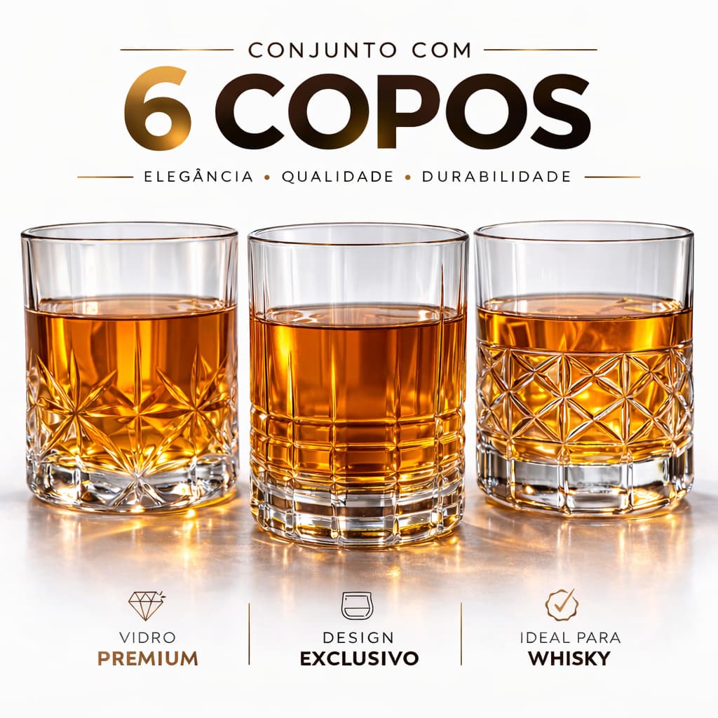 Jogo 6 Copos Whisky 340ml Drinks Bebidas Bar Transparente Cristal Vidro Baixo Uisque Resistente Luxo