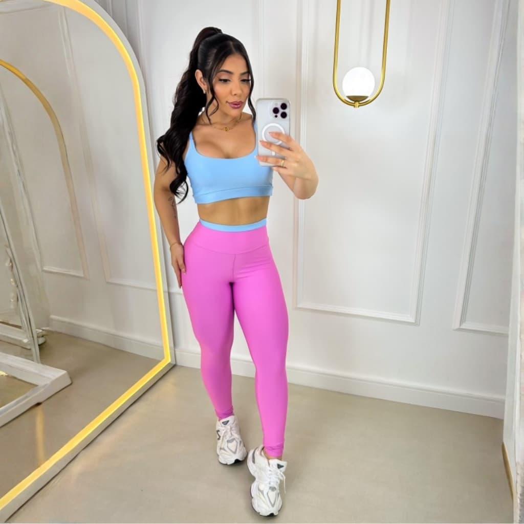 Conjunto Fitness Calça Legging e Top com Bojo Feminino Bicolor Academia Costura Reforçada Cós Alto