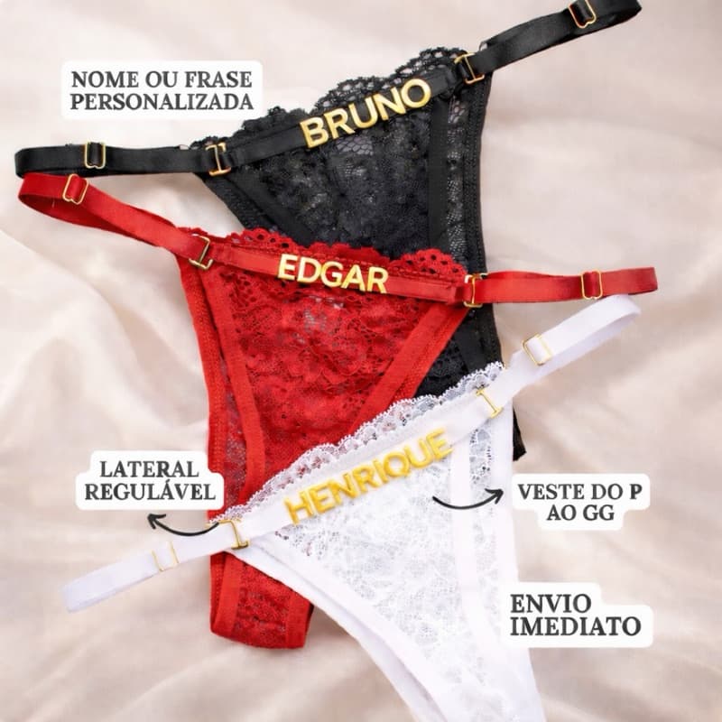Calcinha de Renda com Nome e Frase Personalizada  Presente Sexy e Exclusivo Calcinha Sex Ajustável