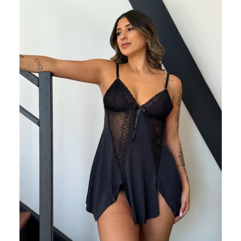 Camisola Sexy de Renda Roupa de Dormir Sensual Pijama Curto Lingerie Feminino Plus Size