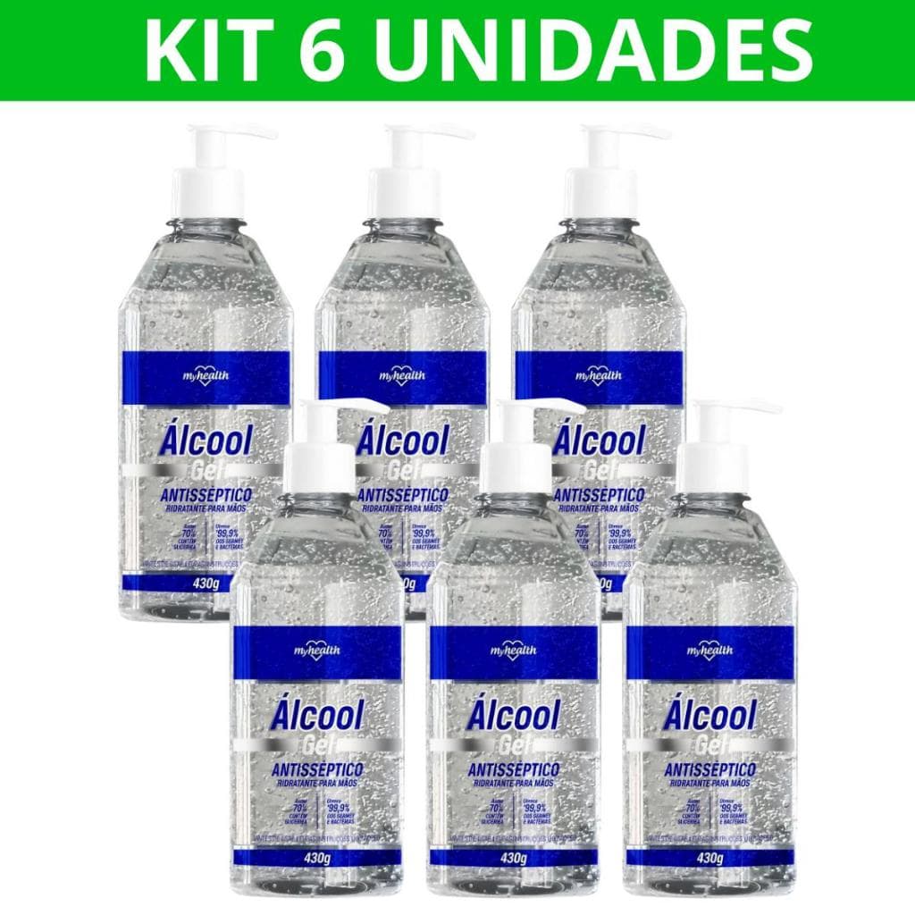 Kit 6 Álcool Gel 70% 430g Antisséptico Para as Mãos Elimina 99,9% das Bactérias Uso Diário