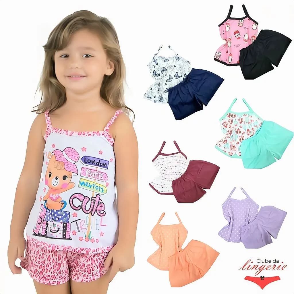Pijama Infantil Feminino Verão Conjunto Short e Alcinha Malha Confortável Tamanhos 2 4 6 8 10