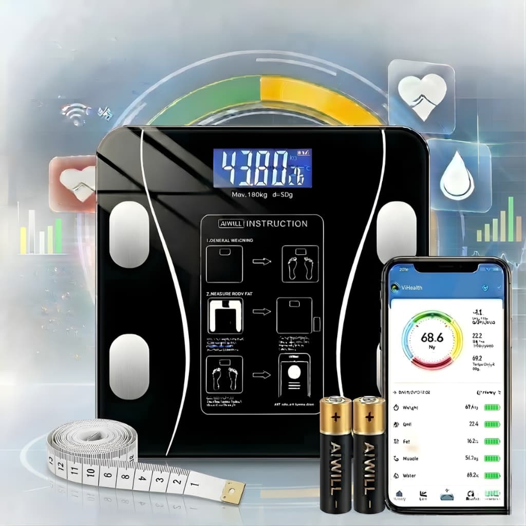 Balança Digital Inteligente Bioimpedância Corporal Bluetooth App Fitness + Fita Métrica e Pilhas