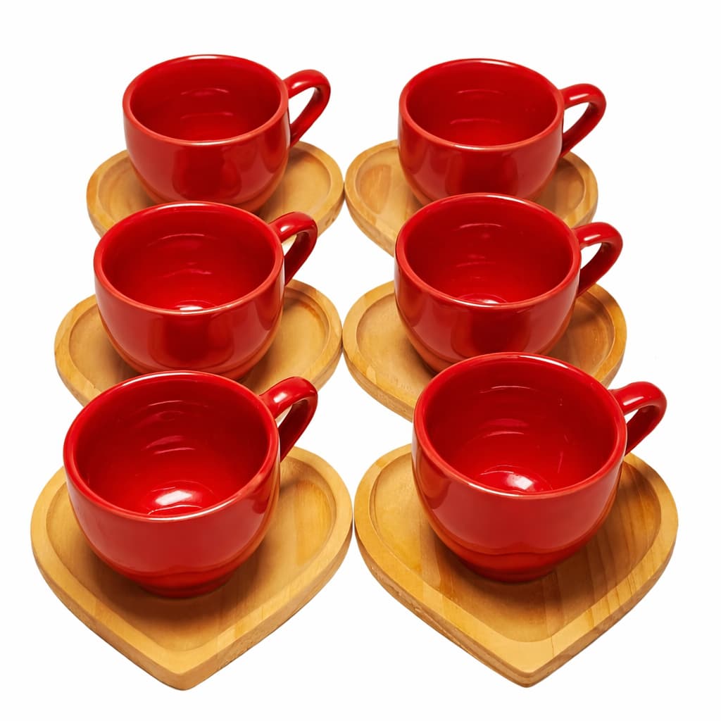 Kit Jogo Pires de Madeira Pinus Formato De Coração Porta Xícara Café Chá