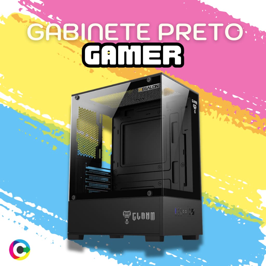 Gabinete Gamer Preto MEGALON miniATX mATX 4 SLOTS 5 FANS COOLER Fonte ATX Entradas USB Áudio HD