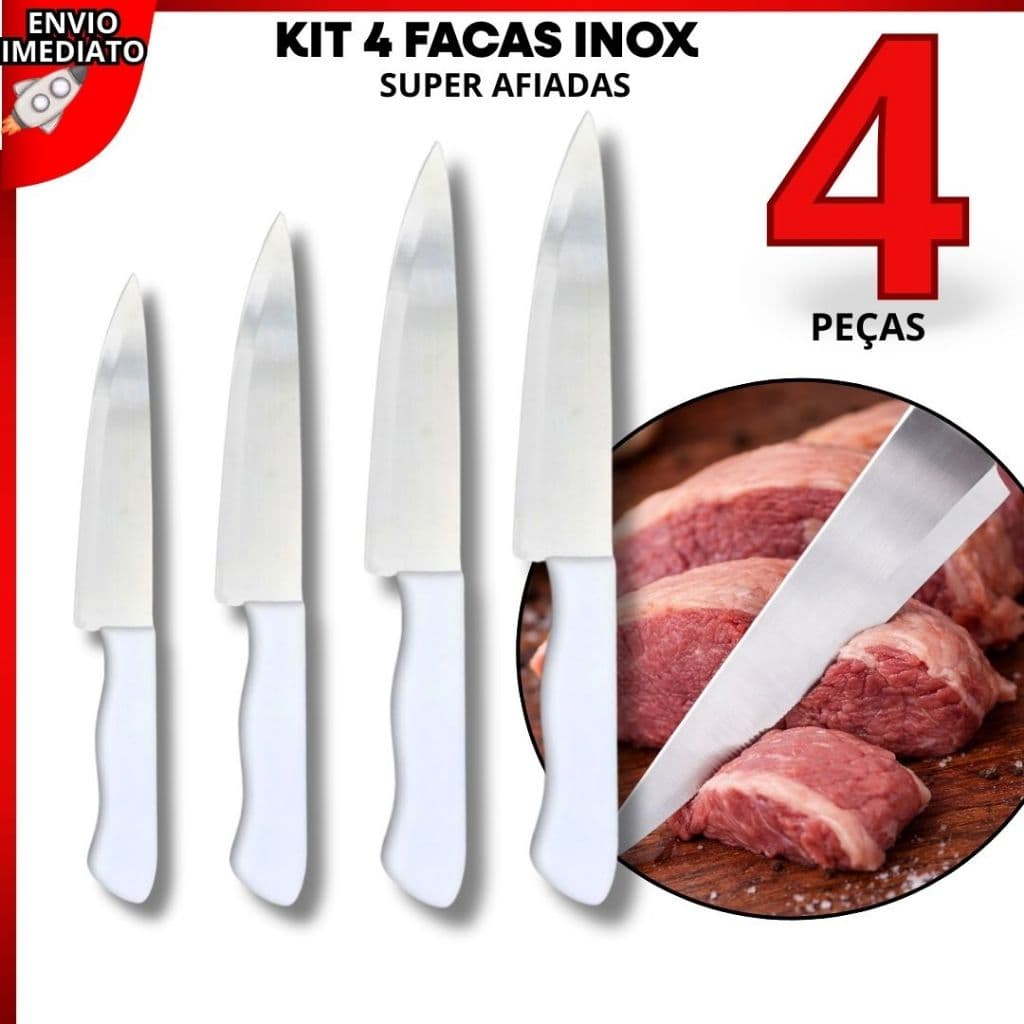 Kit 4 Facas Aço Inox Cozinha Cabo Branco 3,5" 5" 6" 7" Polegadas Peixeira Churrasco