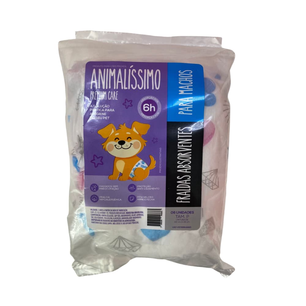 Fralda Descartável Tam P 6 Un Higiênica Hipoalergenica Fita Velcro e Proteção Anti Vazamento Cães Machos Animalissimo