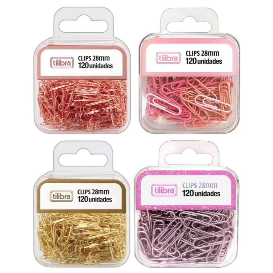 Clips 28mm com 120 unidades Metalizado Tilibra - Dourado, Rose gold, Rosa Pastel, Glitter
