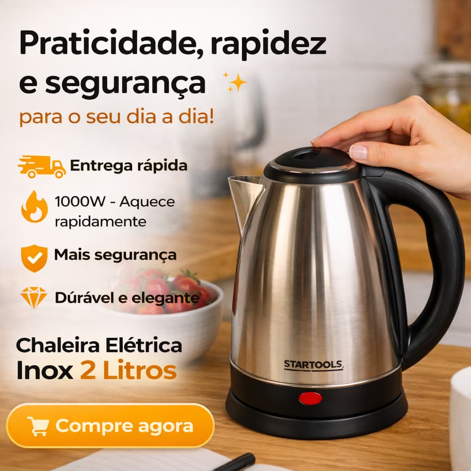 Chaleira Elétrica Inox 2L 127V 220V 1000W Base 360° Desligamento Automático Segurança e LED Rápido