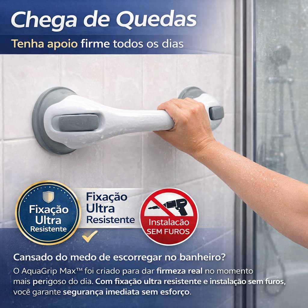 Barra de Apoio Banheiro Ventosa AquaGrip Max™ Antiderrapante Sem Furo Segurança Idosos WC Box