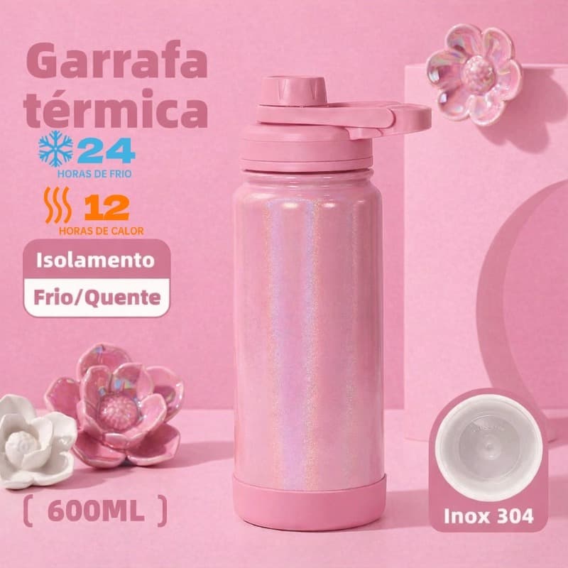 Garrafa térmica 600ML 304 Inox Com Alça Colorida Pintura Arco-íris Piscante Quente e Frio Copo Térmico-XR-67