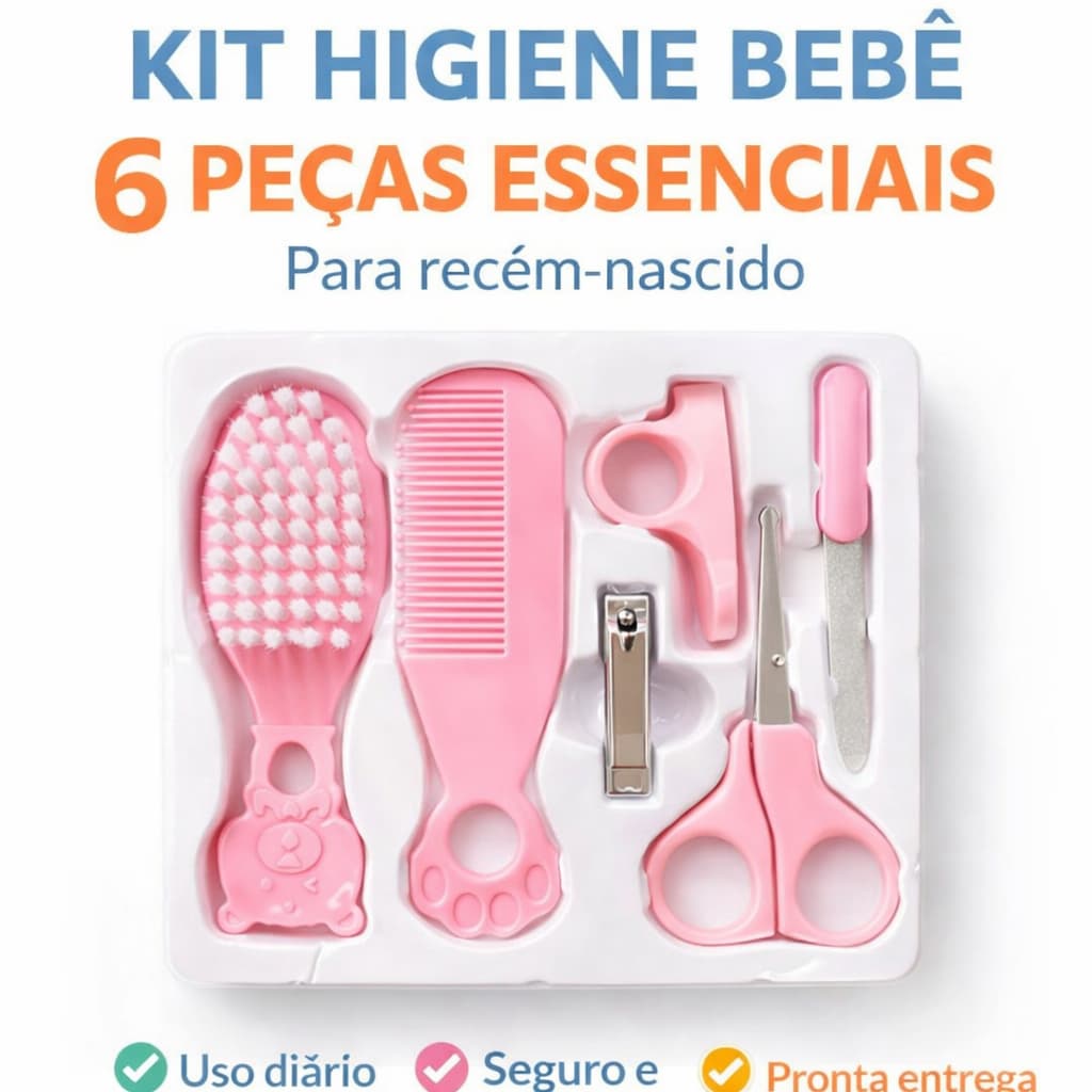 Kit Higiene Bebê Rosa Menina 6 Peças Escova Pente Tesoura Maternidade Recém Nascido