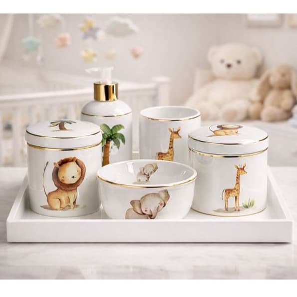 Kit Higiene Bebe Porcelana Safari Friso Ouro Conjunto Infantil