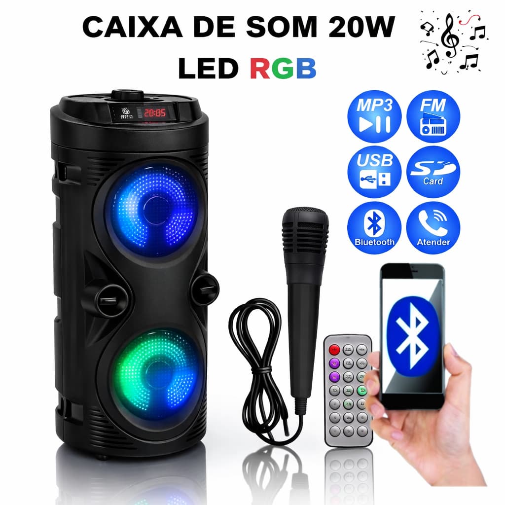 Caixa Som Bluetooth Microfone Portatil Torre Preta Radio FM USB SD Controle Remoto Potente