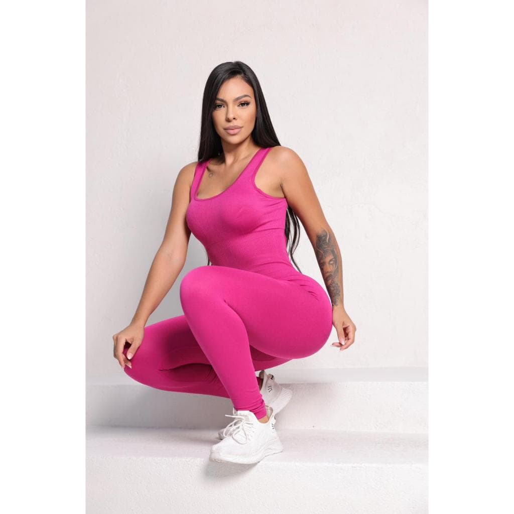 Macacão Longo Feminino  Canelado Premium Academia Sem Costura Alta Compressão Fitness