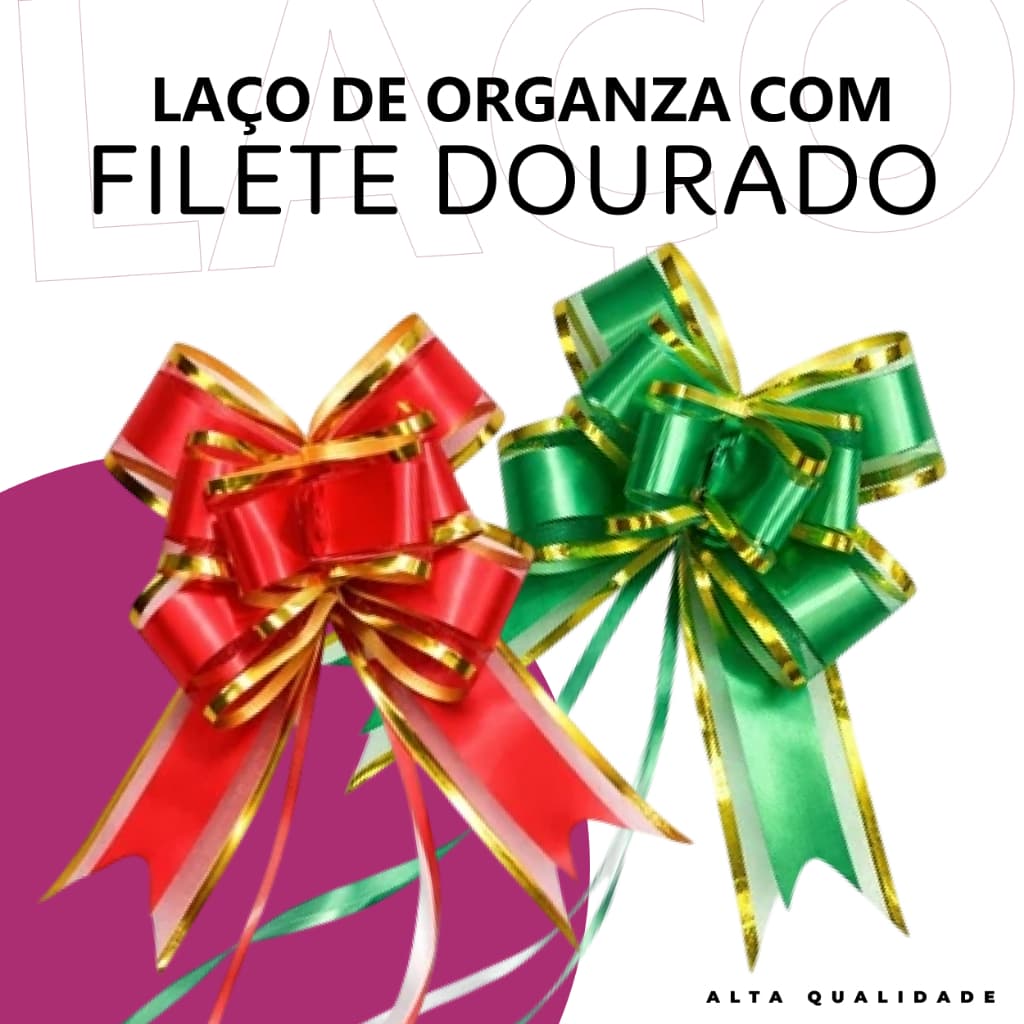 Kit 50 Laço Fácil Organza com Poliéster 30mm x 47cm Para Presente Mega Luxo