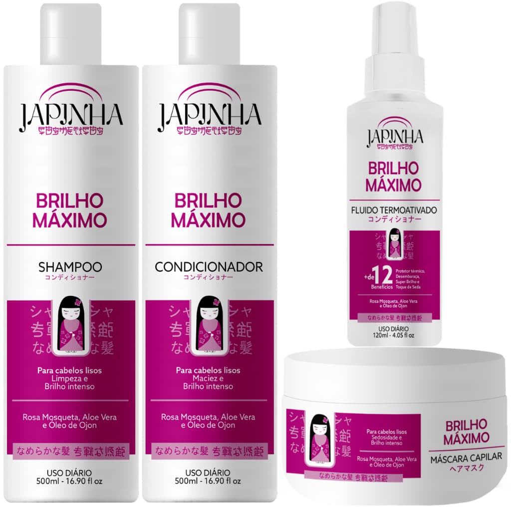 Kit completo 4 itens Japinha Brilho Máximo | Shampoo, Condicionador, Máscara