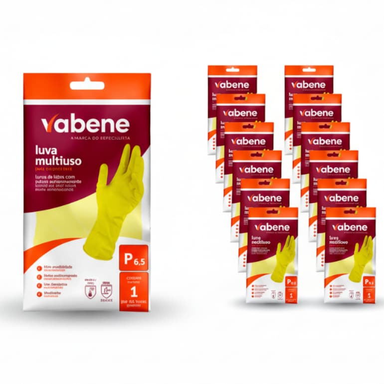 Kit 12 Pares Luva Látex Amarela Vabene Multiuso Limpeza Banheiro Casa Cozinha Proteção Mãos