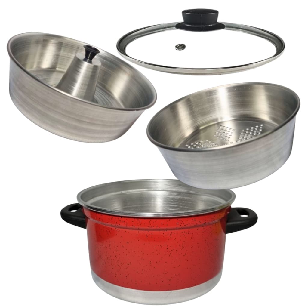 Panela Multi Uso 3 em 1 vermelha com tampa de vidro  Forma De Pudim Legumes