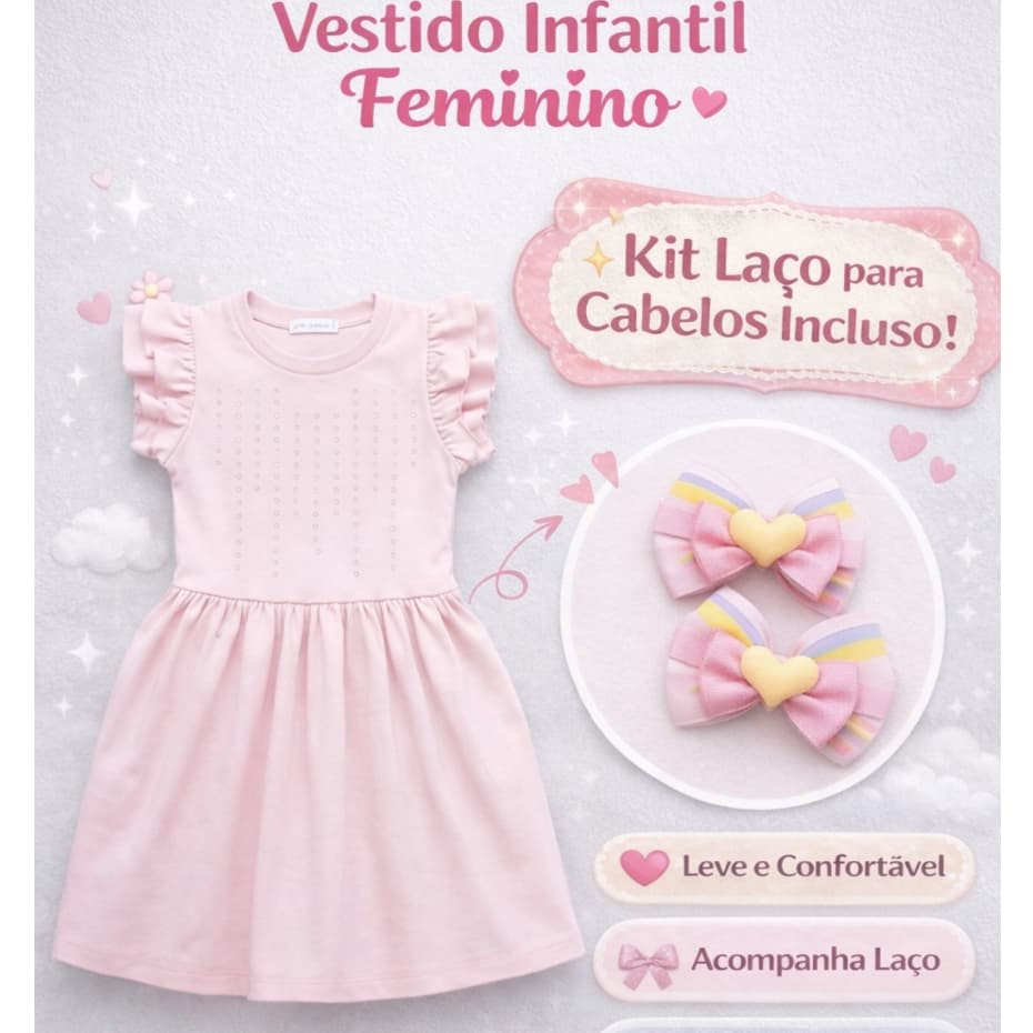 Vestido Infantil Menina + kit laços para cabelos 2-4-6-8anos Algodão Conforto Princesa Brilho-Festa.
