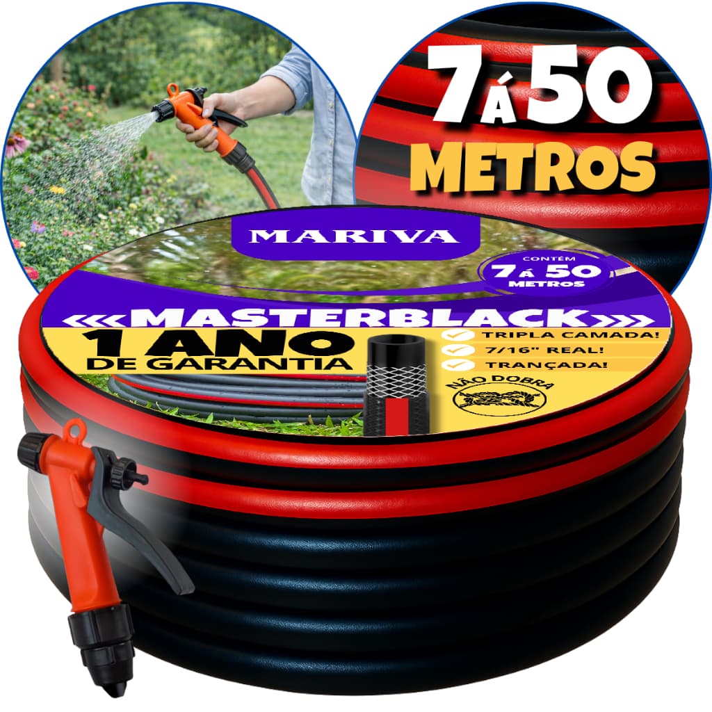 Kit Completo Mangueira de Jardim Preta 7m á 50m 7/16"  - Com Gatilho e União - Reforçada Trançada