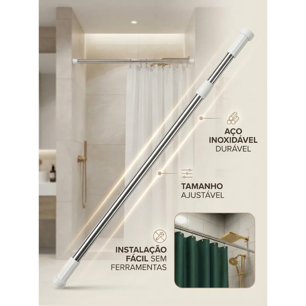 Varão Tubo Bastão Ajustável Barra Cortina Roupas Box Banheiro Extensível Divisória Pressão