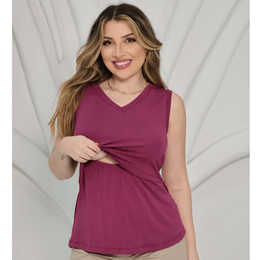 Blusa regata amamentação gola em V regatinha gestante abertura amamentação decote em V roupa maternidade t-shirt grávida