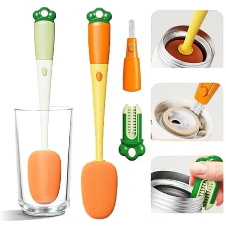 Escova 3 Em 1 De Limpeza De Copo e garrafas Com Cabo Longo Multifuncional Forma De Cenoura