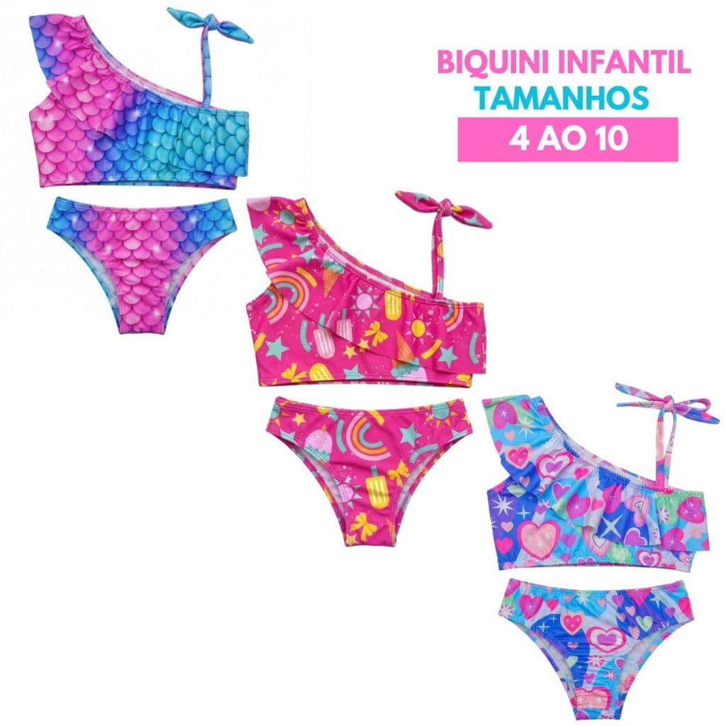Biquíni Infantil Sereia Conjunto Moda Praia Menina Blogueirinha Manga Nula Luxo 4 ao 10