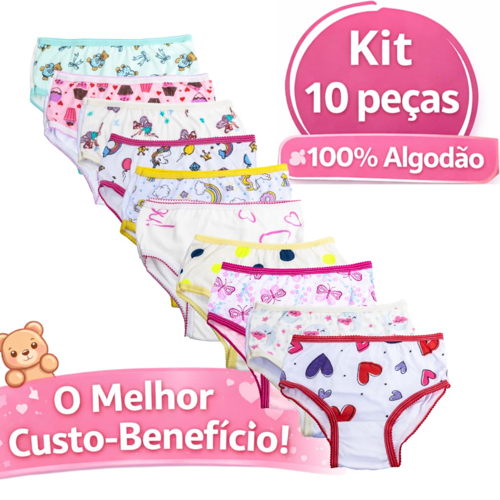 Kit 10 Calcinhas Infantis Estampadas 100% Algodão Menina Confortável ideal para desfralde