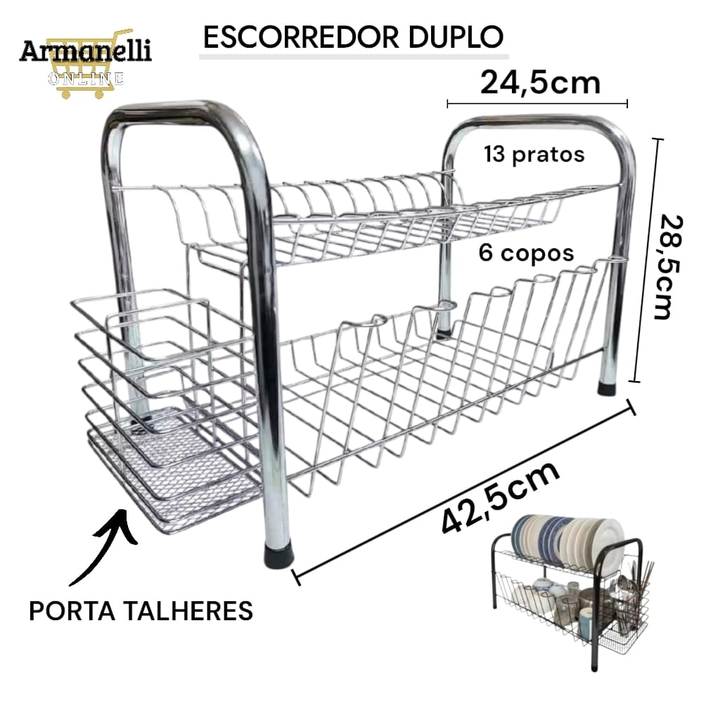 Escorredor Duplo de Pratos Louças Talheres Gourmet Cromado/Preto em Aço
