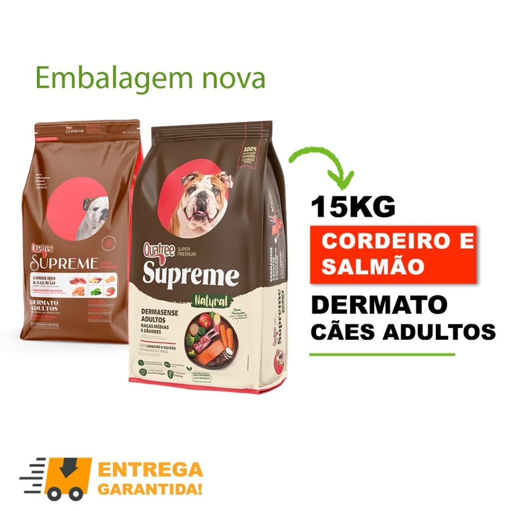 Ração Quatree Supreme 15kg Cães Adultos Dermato Cordeiro e Salmão Pele e Pelagem Super Premium