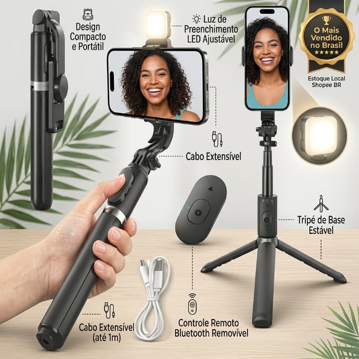 Tripé Selfie para Celular com Controle Sem Fio e Luz LED – Selfie Stick Ajustável para Fotos e Vídeos