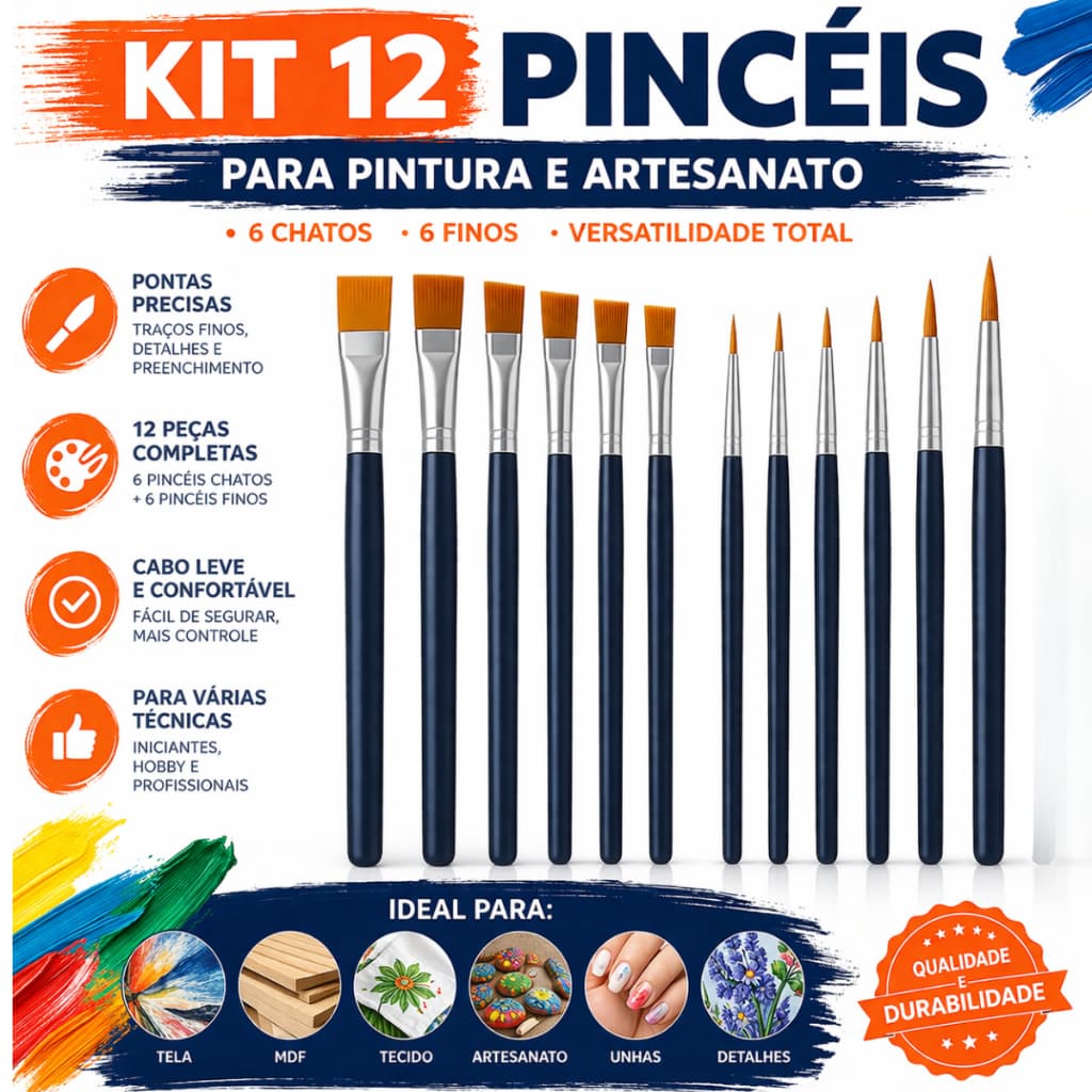 Kit com 12 Píncéis para Pintura Artesanato, Ponta Chata, Ponta Redonda, Ponta Fina - Aquarela
