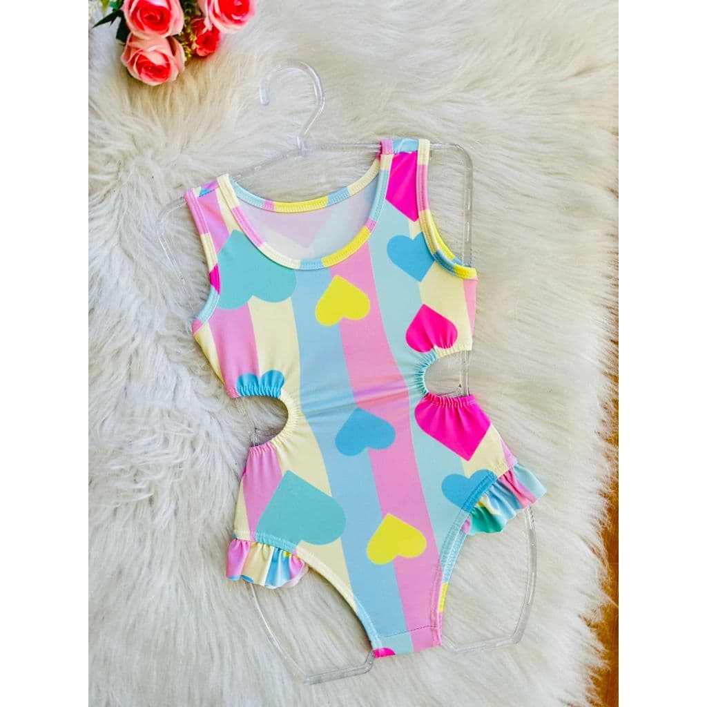 Maio Infantil de Menina para praia e piscina  Coracao Flamingo