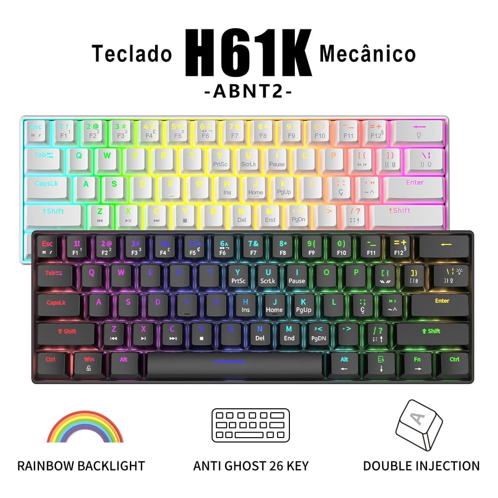 ZIFRIEND H61K Teclado mecânico 60% ABNT2 Switche Red/Blue Rainbow LED Wired gaming Hot-Swappable