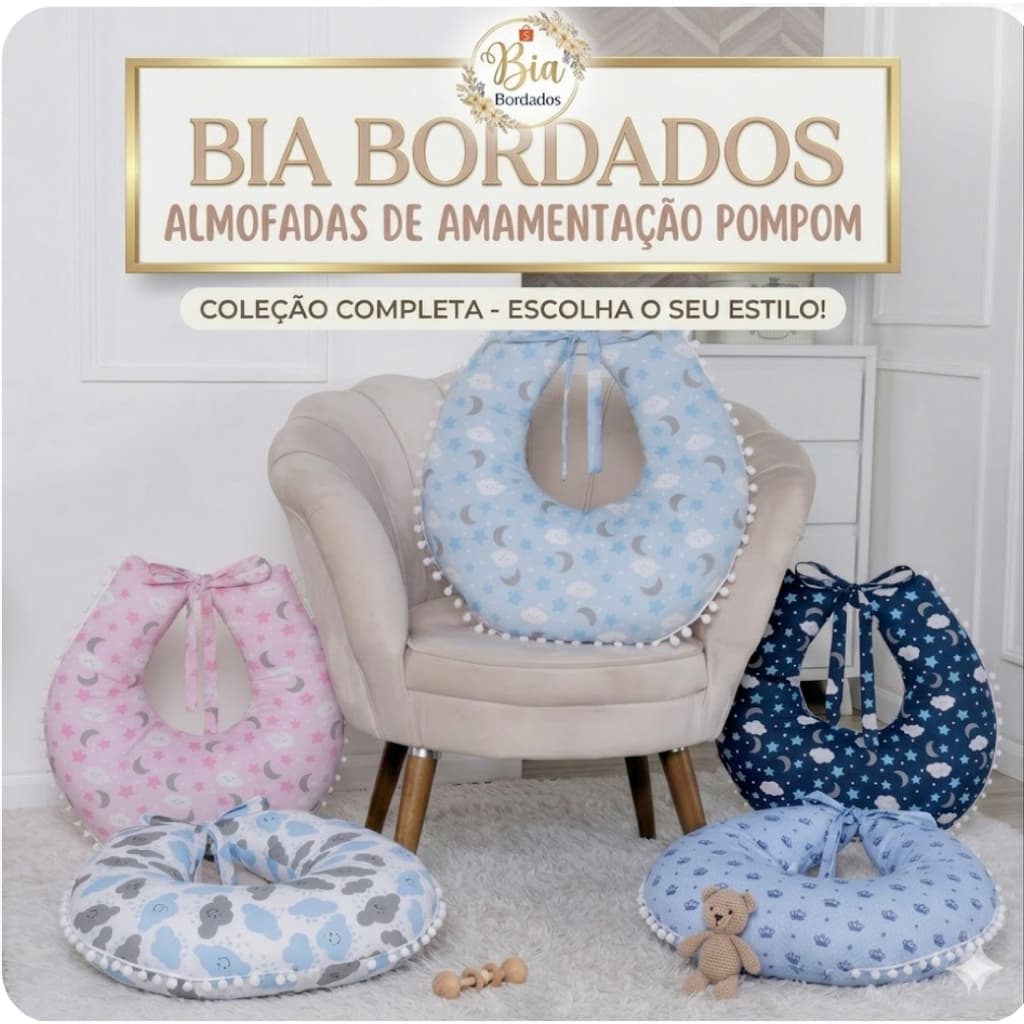 Almofada Amamentação para Amamentar Travesseiro com Zíper e Pompom com Tecido Estampado 100% Algodão