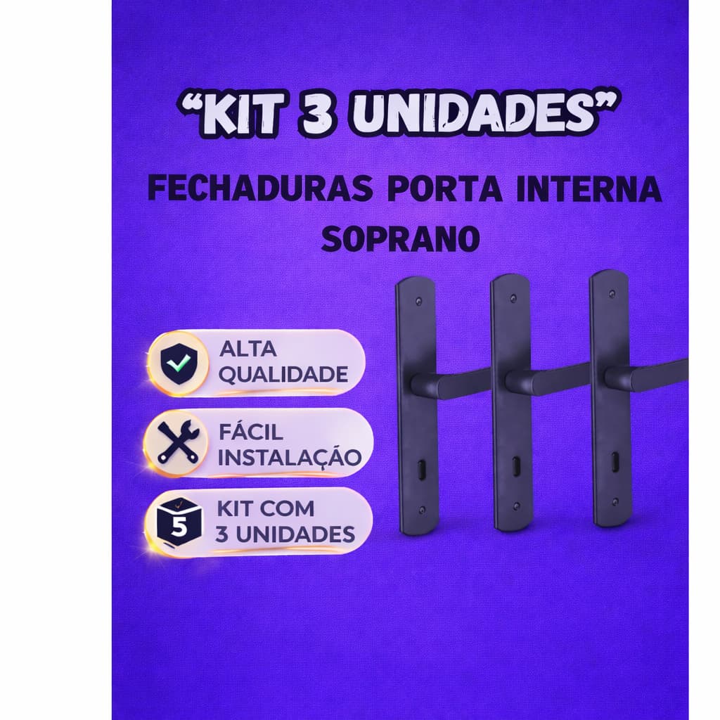 Kit 3 Fechaduras Ipanema Soprano Preta – Porta Interna Quarto | Máquina 40 | Antiferrugem