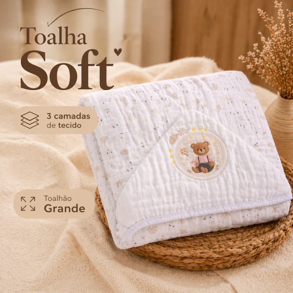 Toalha de Banho Bebe Soft Capuz Bordado  1.00m x 85cm Três Camadas Toalhão Infantil Menina E Menino
