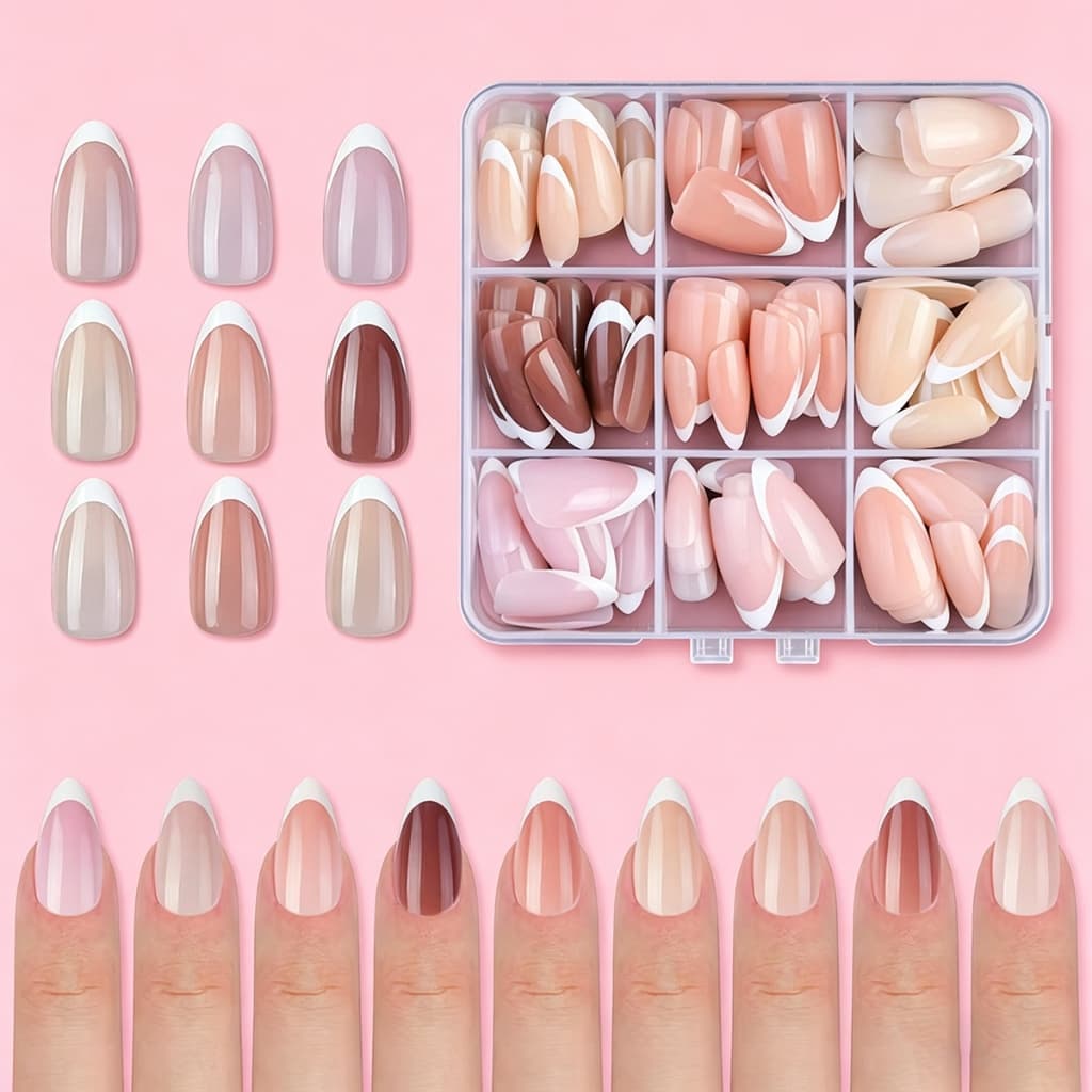 Unhas Postiças Almond Bailarina 108 pcs com 9 Cores e 10 Tamanhos Unhas Francesas