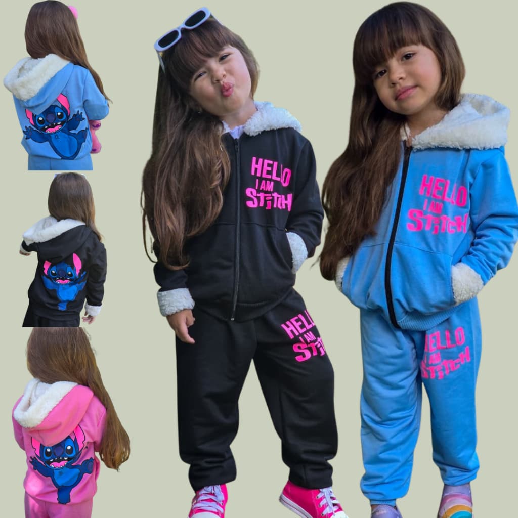 Conjunto Stitch Infantil Feminino de Moletinho com Capuz e Punho de Sherpa (Pelinho tipo Carneirinho)